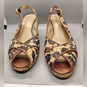 Stuart Weitzman Peep Toe Raffia Wedge Leopard Print Sling Back Heels Shoes 9M